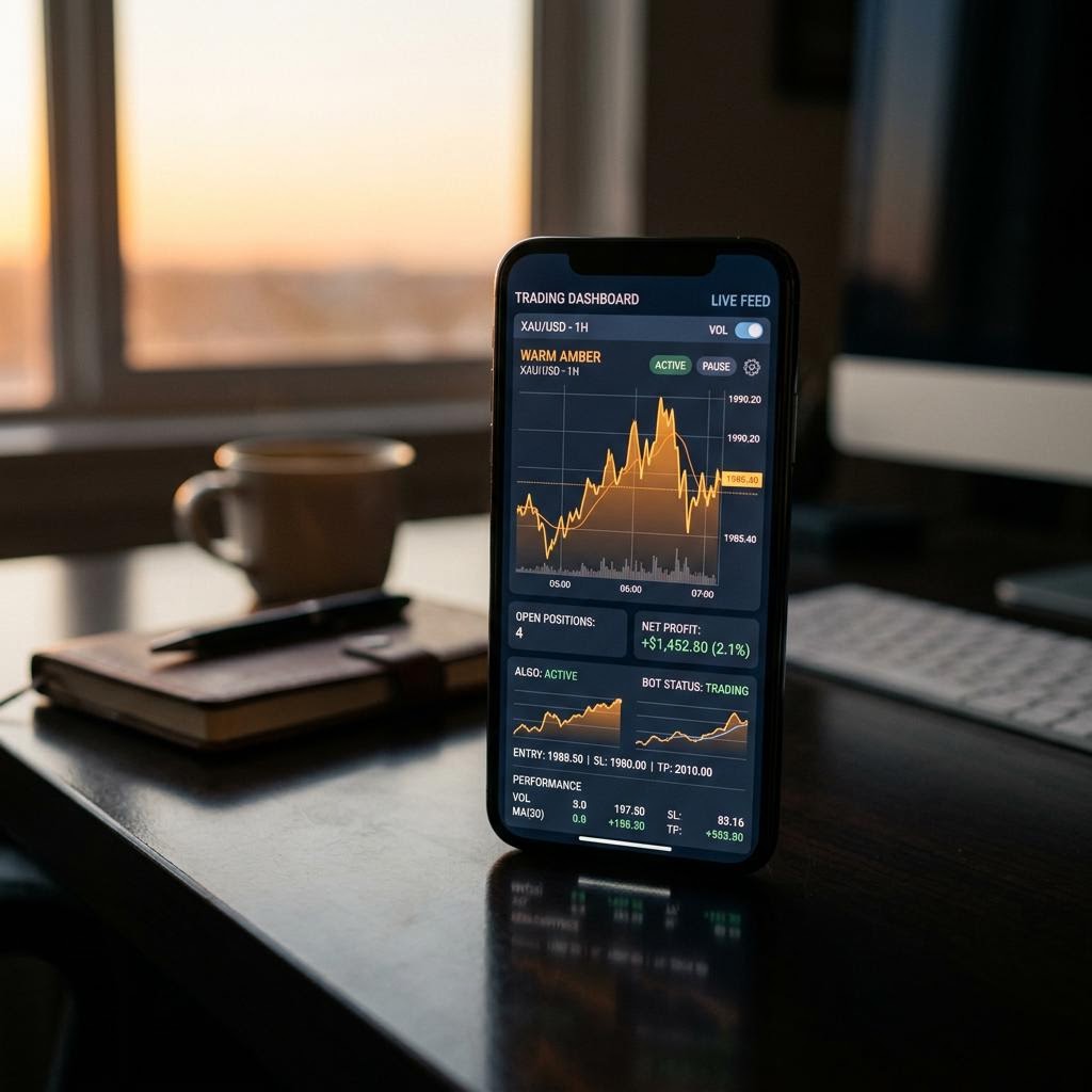 Interface da plataforma de trading de criptomoedas com IA Advocacia Financeira num smartphone